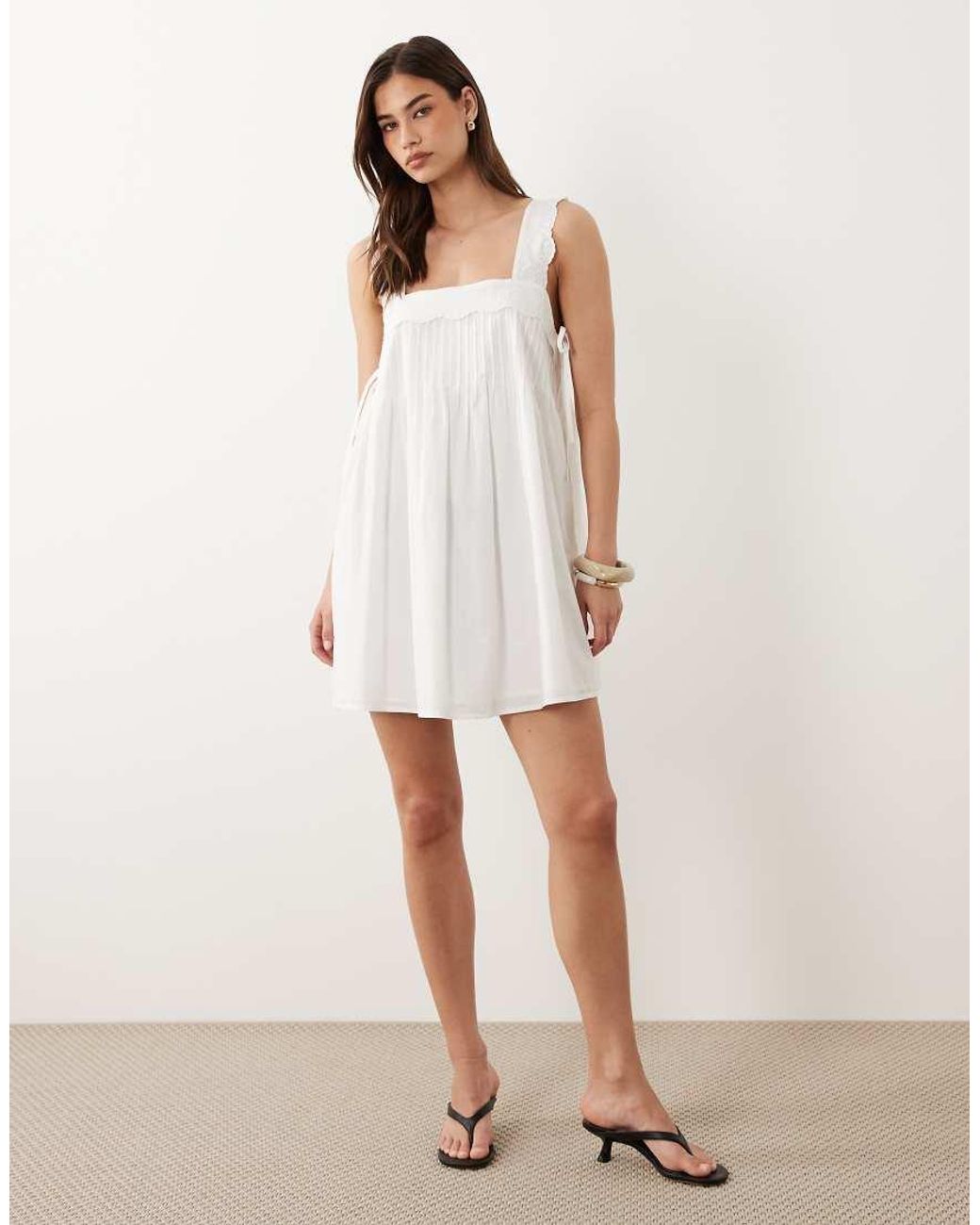 Nobody's Child White Valerie Cotton Square Neck Pleated Mini Dress