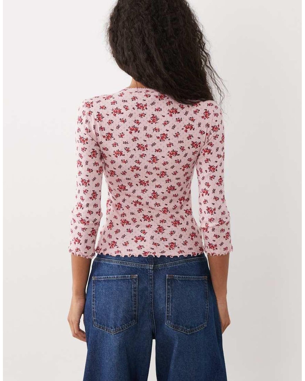 Miss Selfridge Red Pointelle 3/4 Sleeve T-shirt