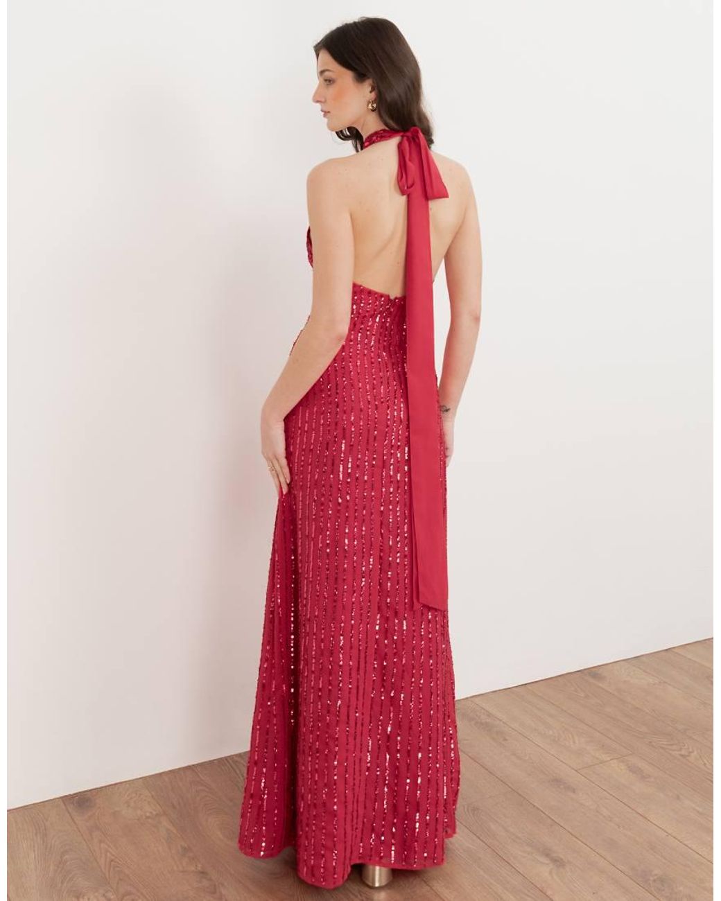 Maya Pink Linear Embellishment Halter Neck Maxi Dress