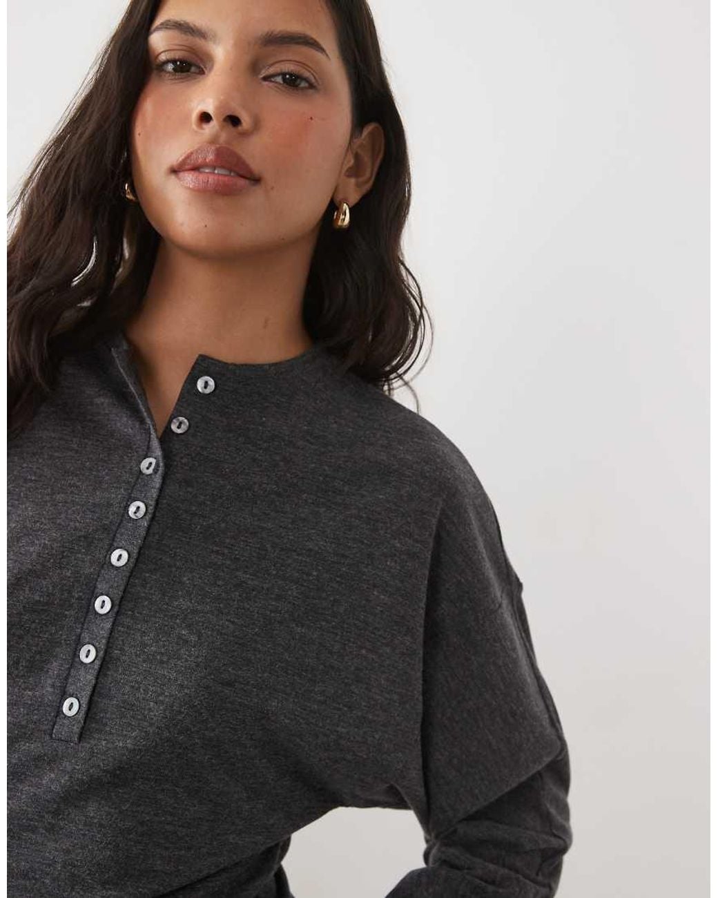 Mango Gray High Neck Button Detail Knitted Top