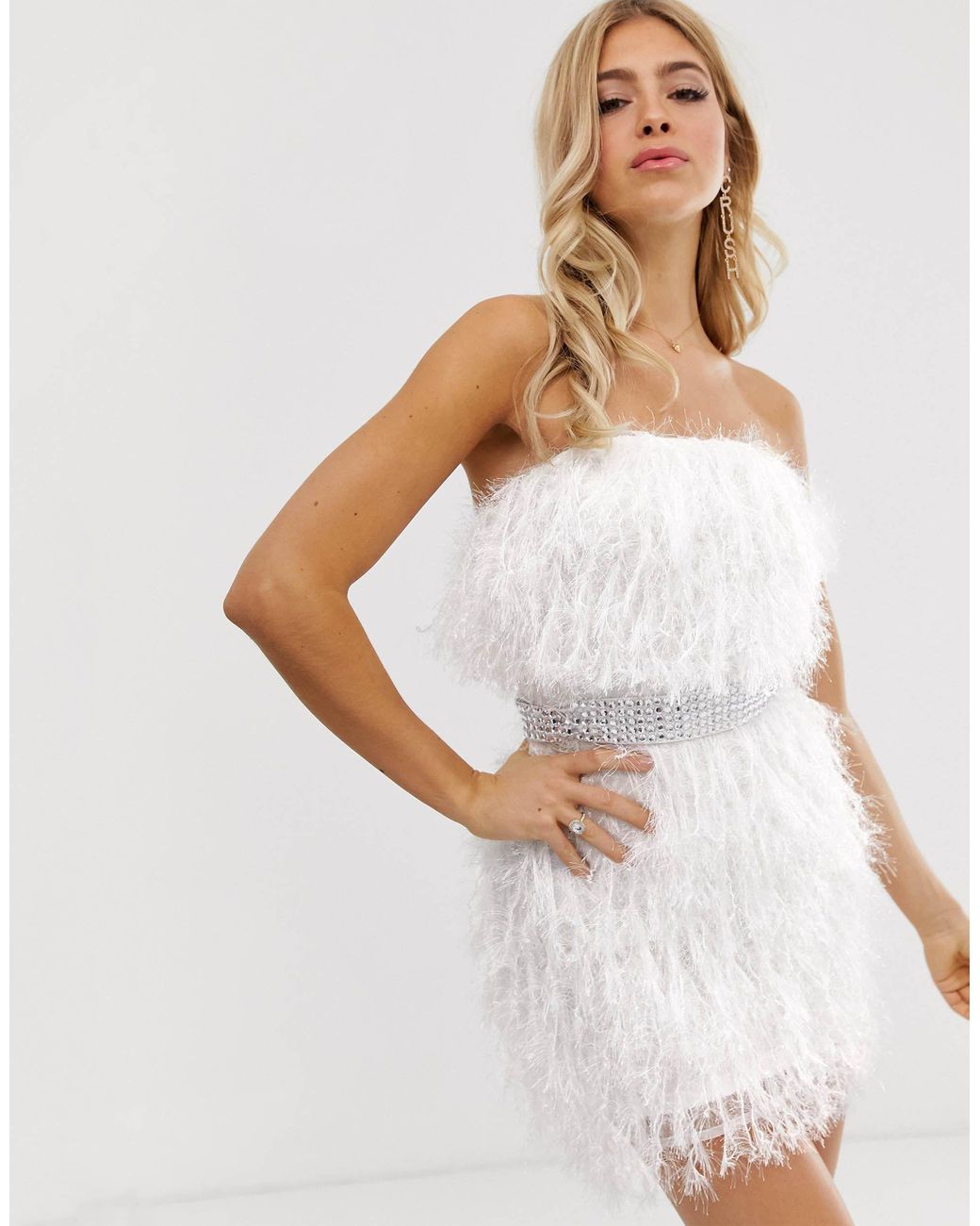 ASOS Mini-jurk Met Imitatieveren En Riem Met Diamantjes in het Wit | Lyst NL