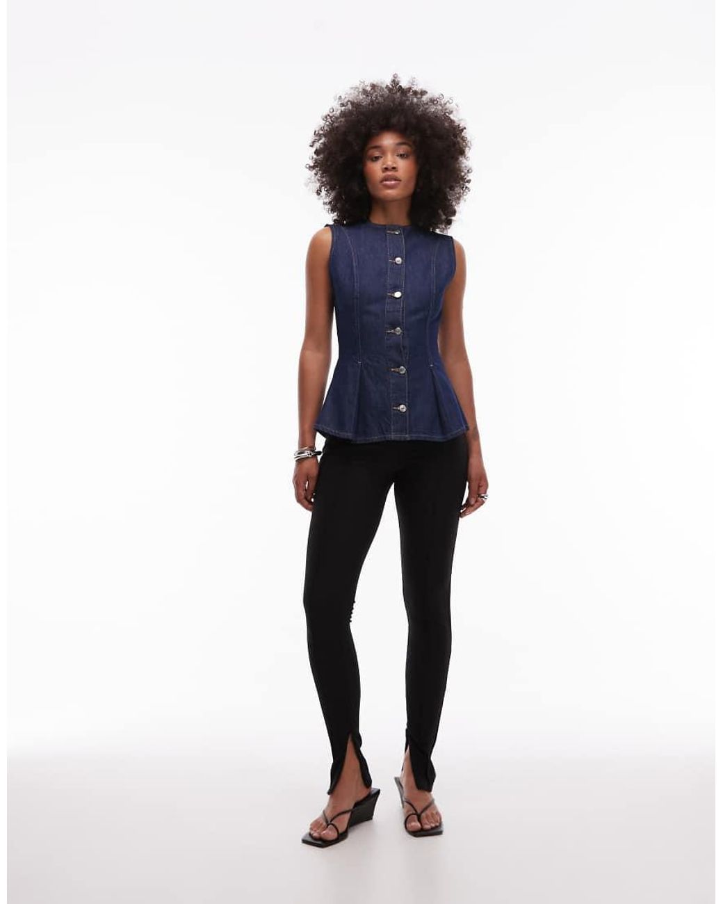 TOPSHOP Blue Denim Pleated Peplum Top