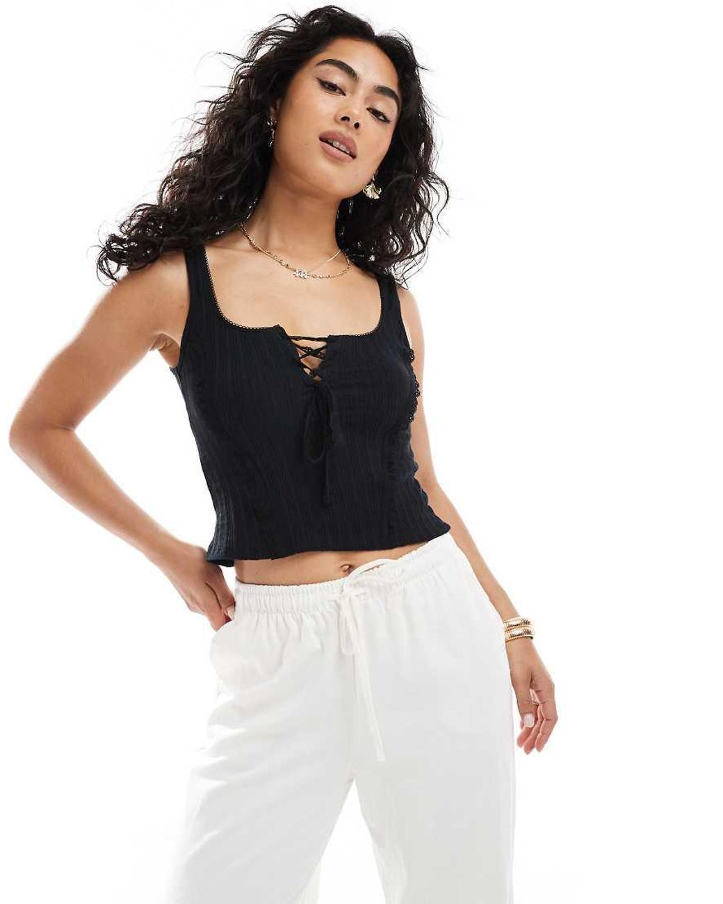 Miss Selfridge Black Lace Up Detail Cami Top