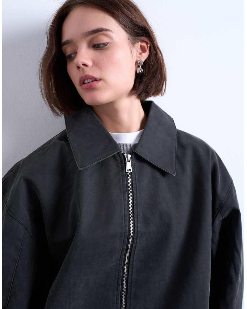 TOPSHOP Blue Faux Suede Super Oversized Quilted Lined Bomber Jacket With Patch Pockets