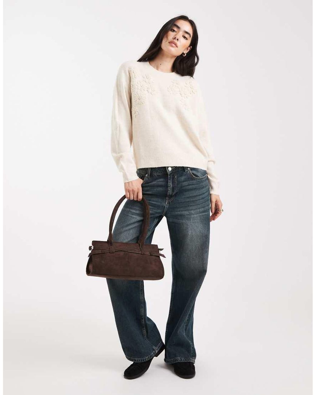 Brave Soul Natural Crew Neck Jumper With Flower Embroidered Detail