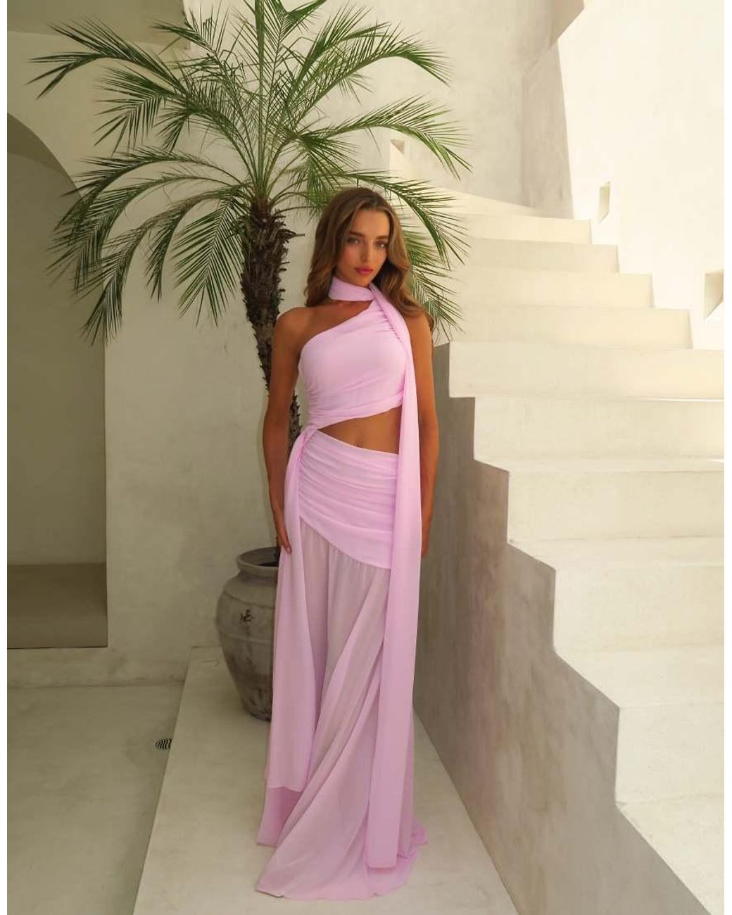 Aria Cove Pink Chiffon Drape Detail Cut Out Side Sheer Hem Wrap Scarf Detail Maxi Dress
