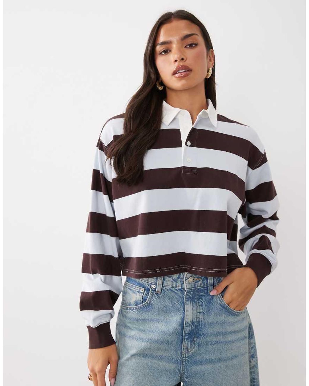 GOOD AMERICAN Blue Cropped Rugby Polo