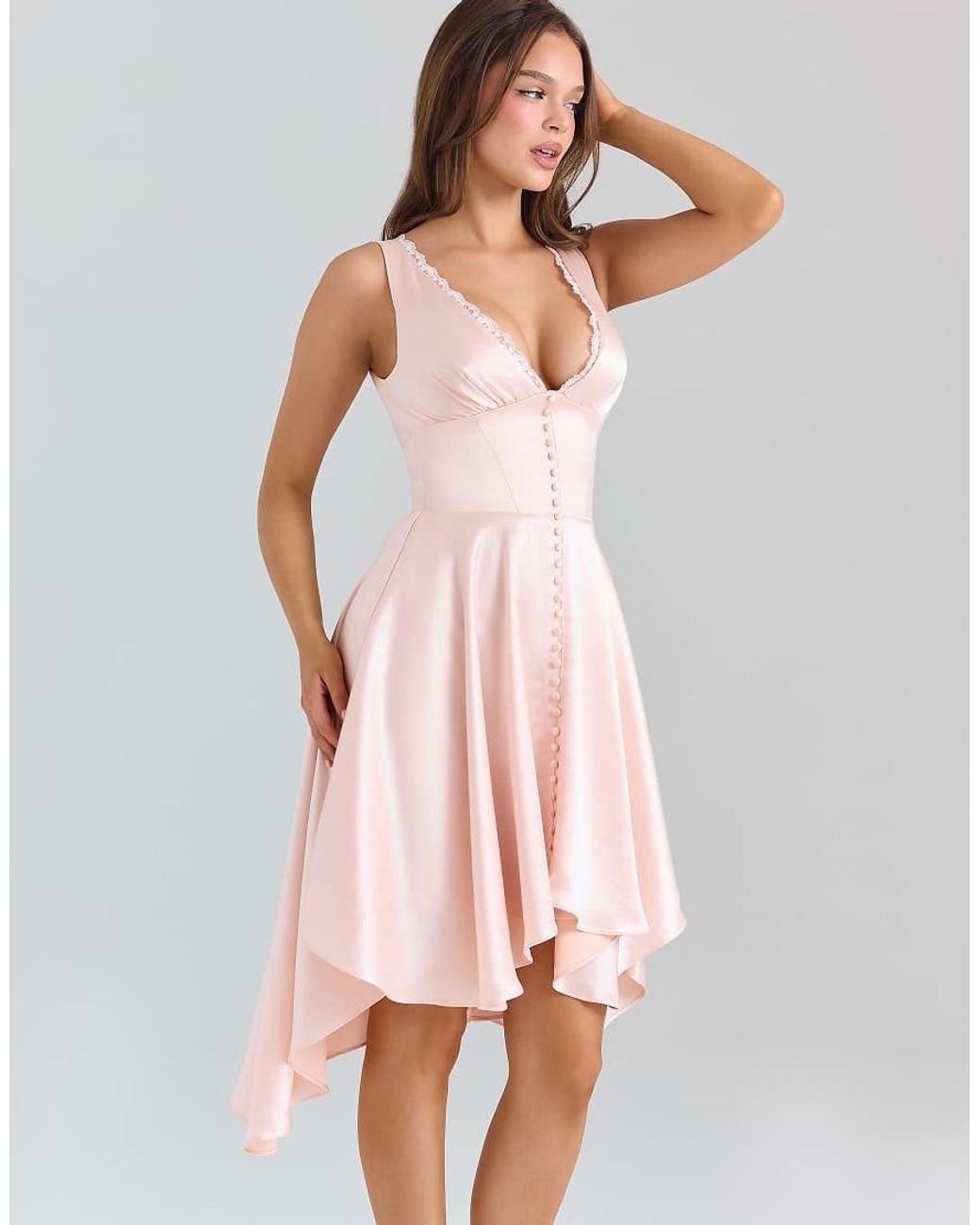 House Of Cb Pink Sabella Satin Asymmetric Handkerchief Hem Midi Dress