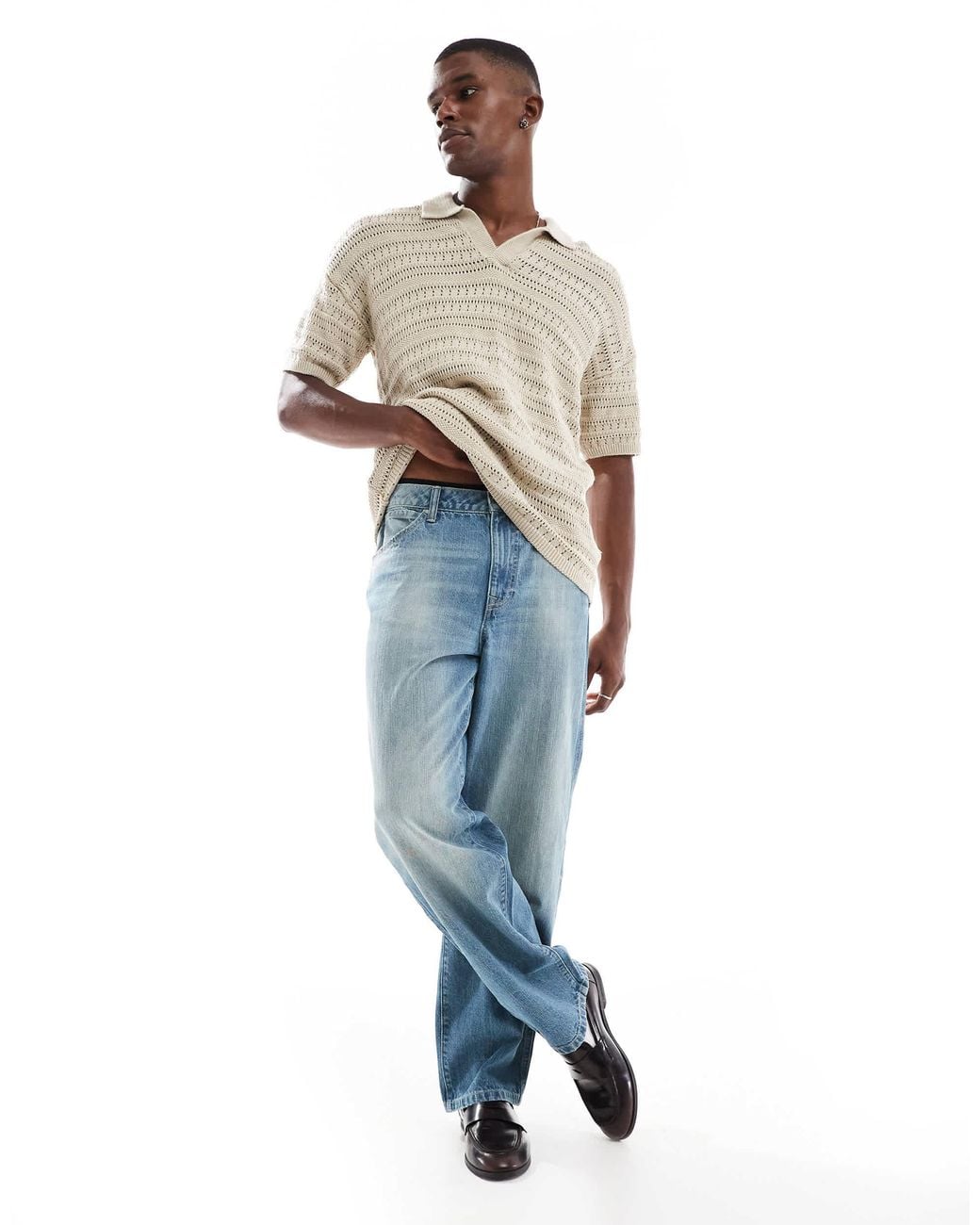 Only & Sons Natural Drop Shoulder Open Knit Split Neck Polo for men