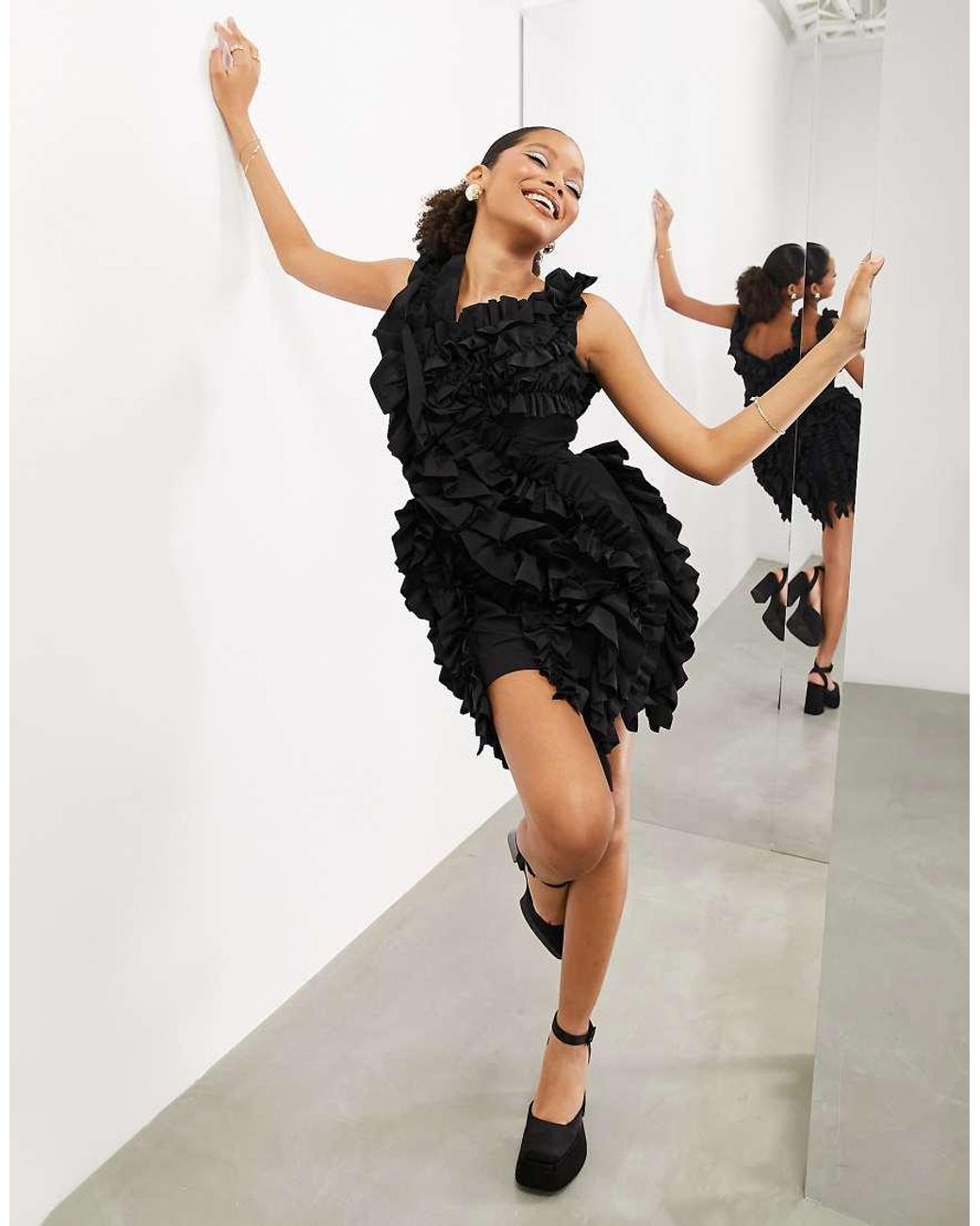 short black dress with ruffles at the bottom ASOS Structured Extreme Ruffle Mini in Bestsellers Apr24 2 KissProm Square Neck A-Line Size:15 UK / 16 US 77% Rayon 23% Nylon