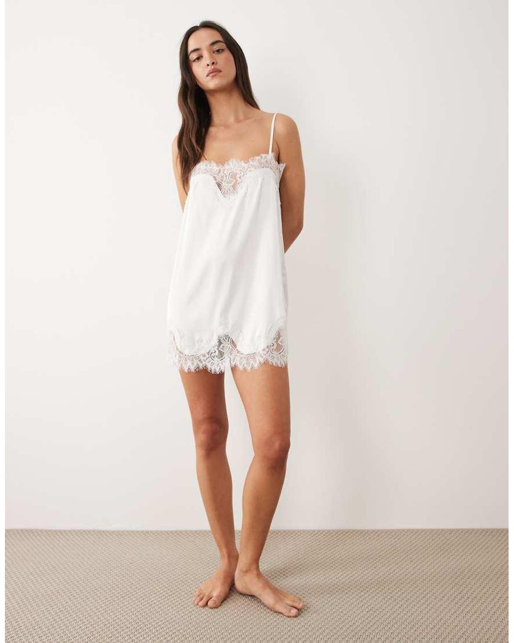 KAT THE LABEL White Olivia Lace Trim Satin Dress