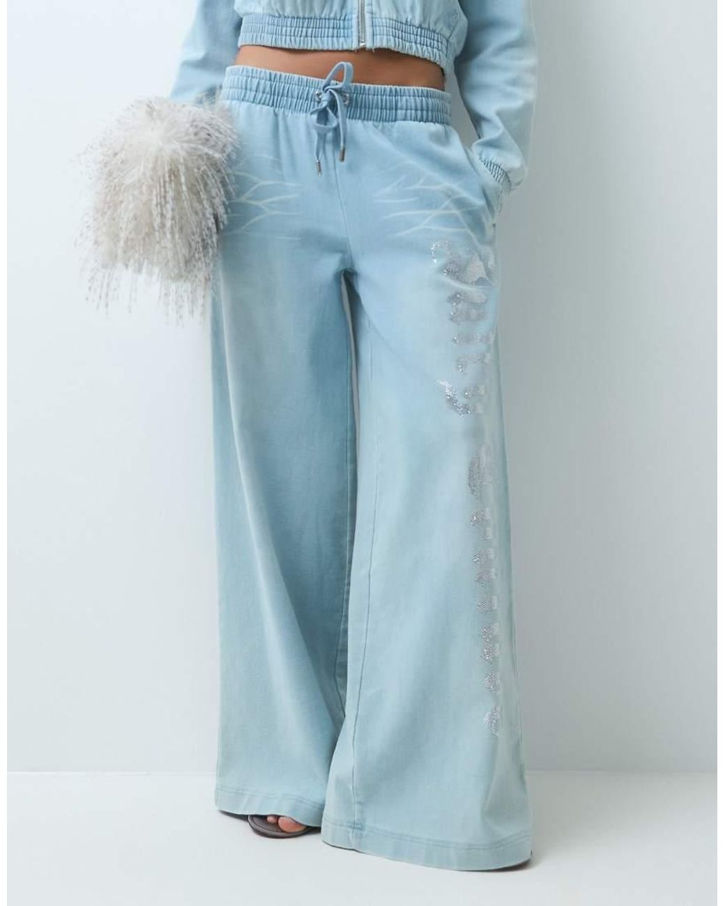 Juicy Couture Blue Annen Washed Diamante Logo Smocked jogger Co-ord