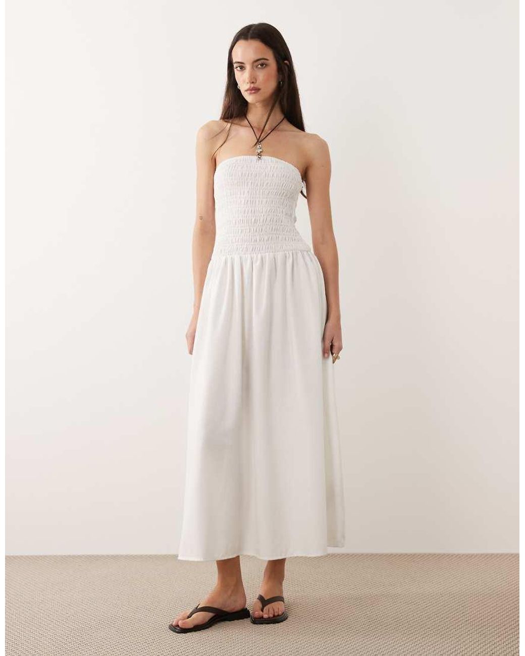 Brave Soul Natural Strapless Midi Dress With Shirred Bodice