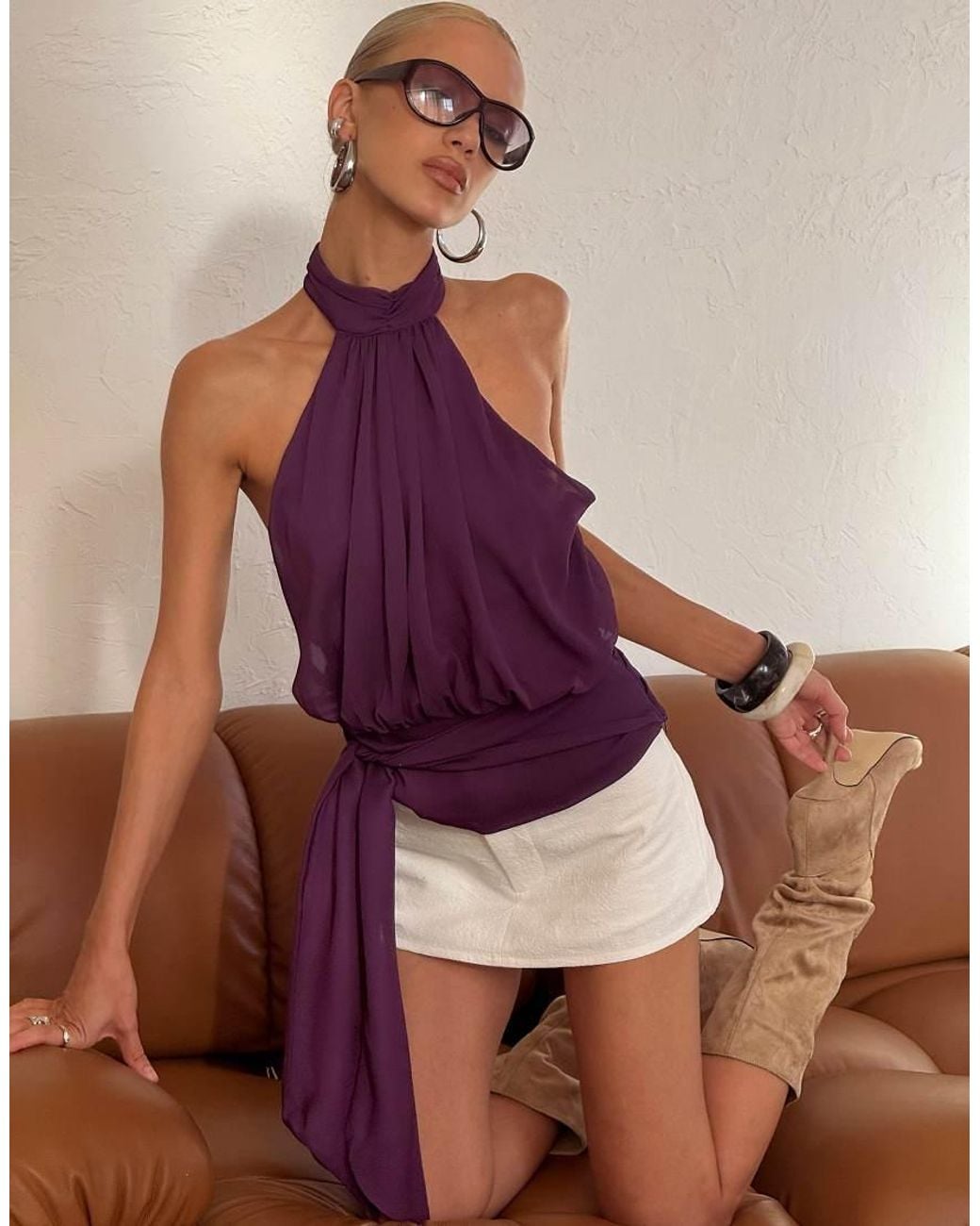 Princess Polly Purple Faythe High Neck Foldover Detail Tie Waist Detail Open Back Top