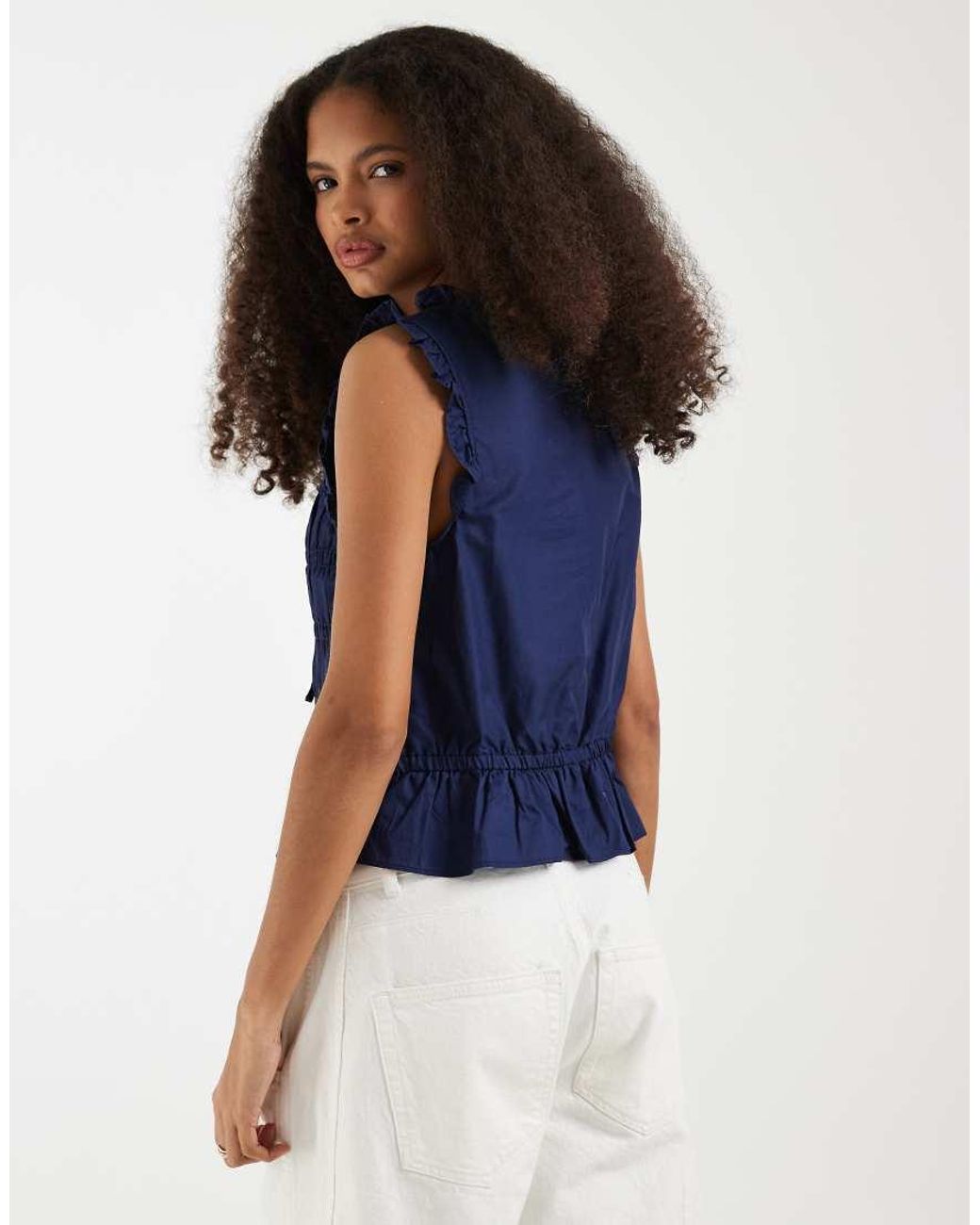 Gap Blue Sleeveless Tie Front Blouse With Ruffle Detail