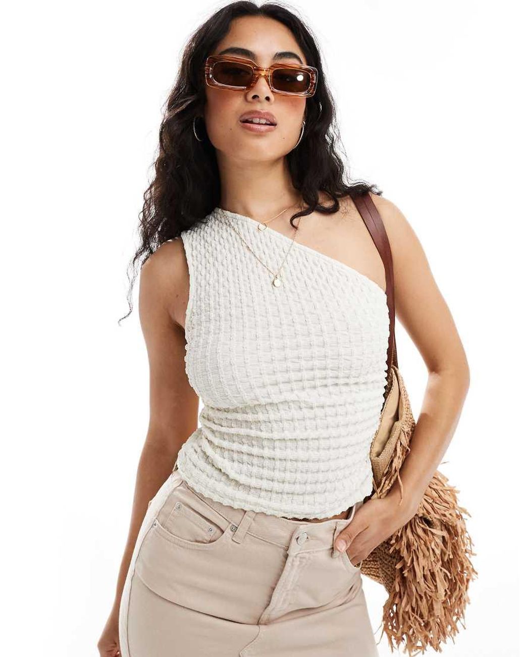 Pull Bear Bubble Texture One Shoulder Top in White Lyst UK