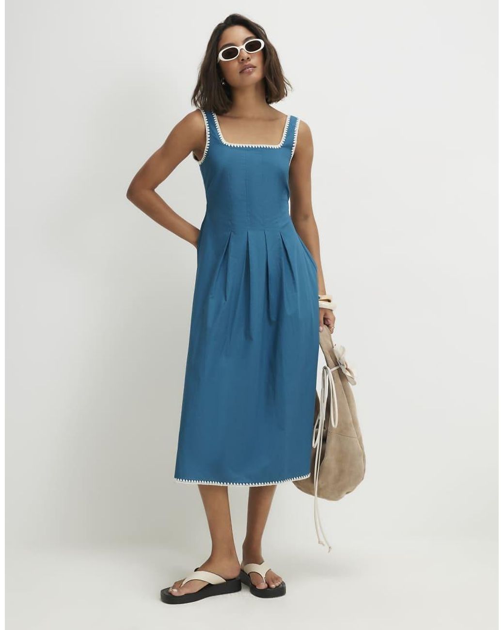 River Island Blue Cotton Whipstitch Pleated Midi Dress