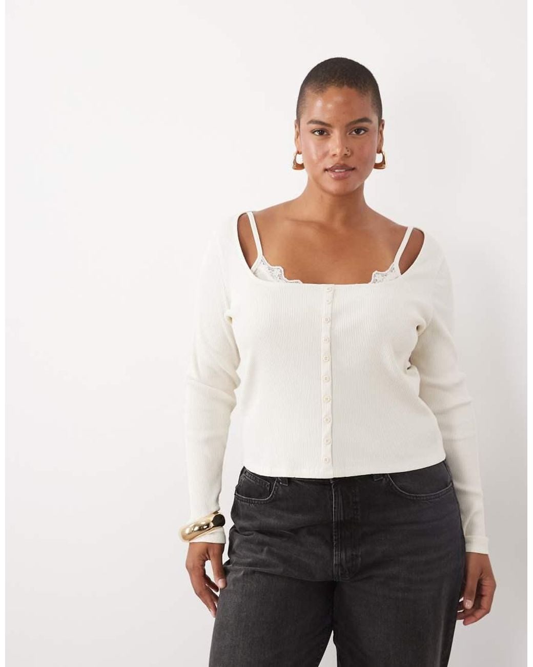 ASOS Brown Asos Design Curve Sculpting Rib Button Through Top With Lace Underlayer