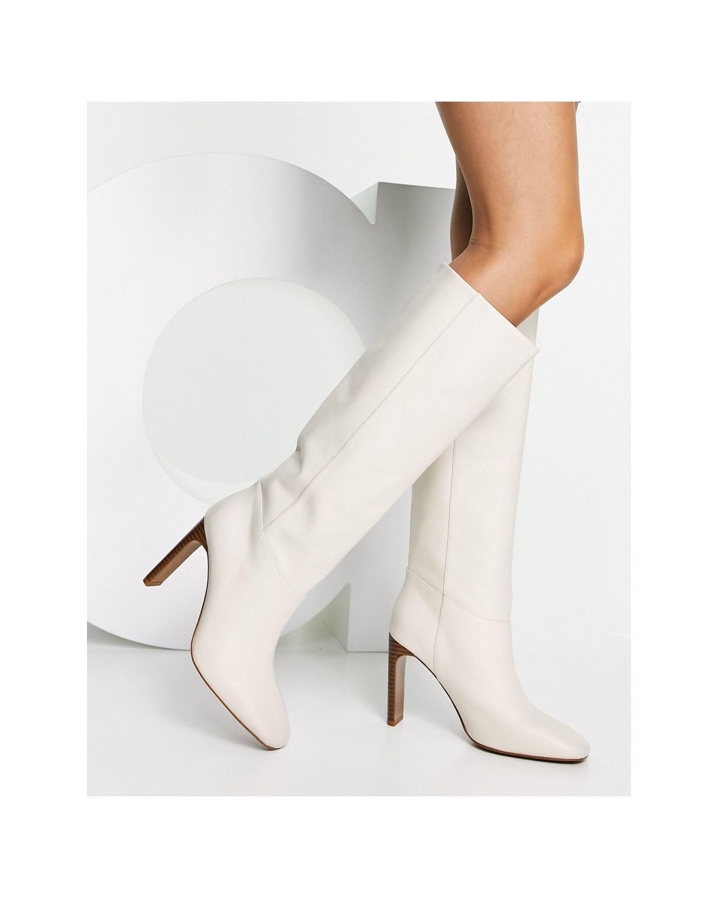 Mango Leather Knee High Heeled Boots in White | Lyst