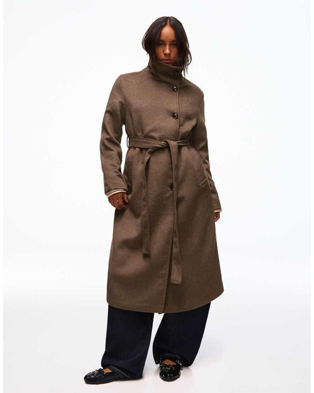 Bershka White Long Funnel Neck Coat With Belt