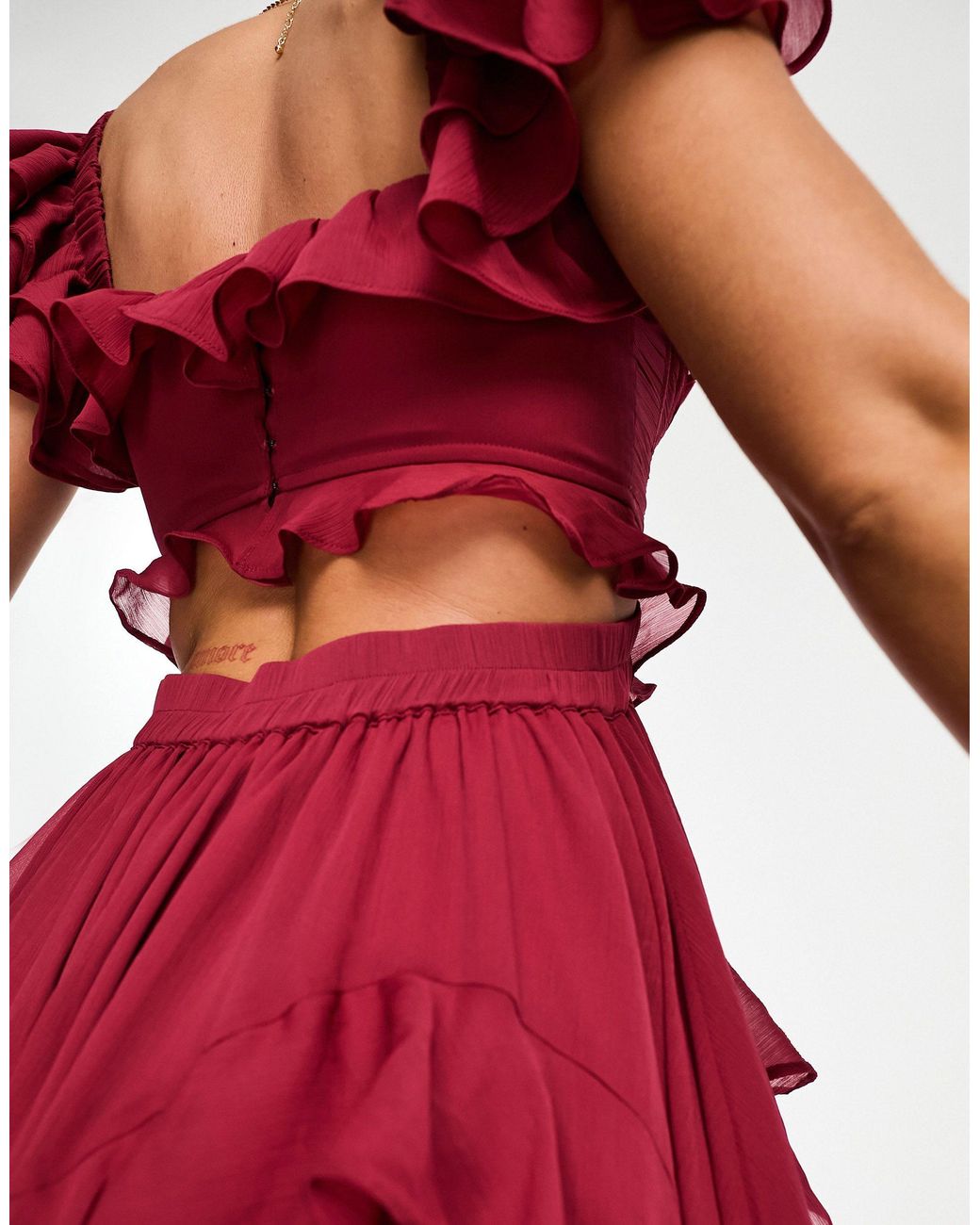 flutter sleeve ruched corset detail tiered midi dress in mauve ASOS Flutter Sleeve Ruched Corset Detail Tiered Midi Dress