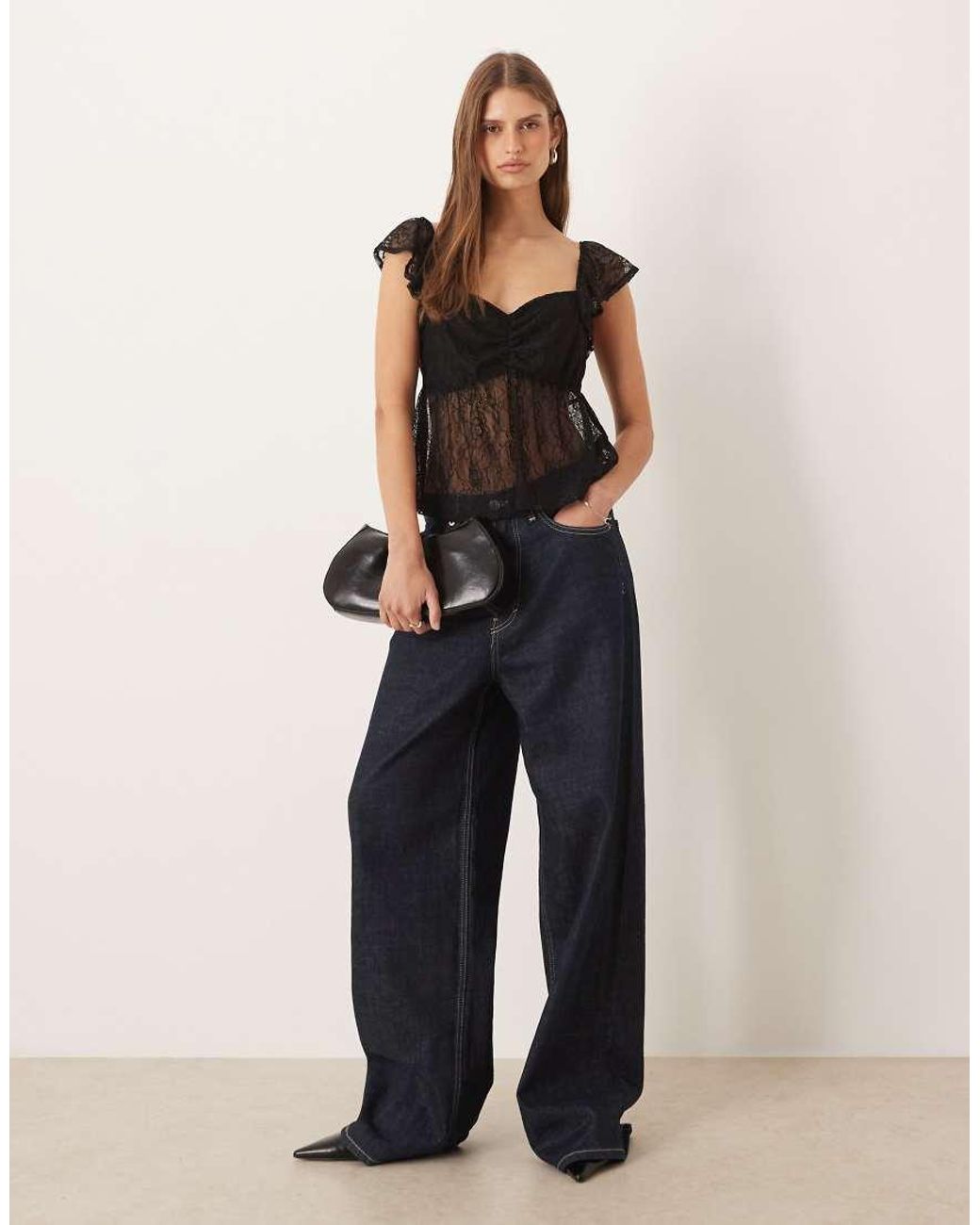 ASOS Black Cap Sleeve Sweetheart Neck Lace Top
