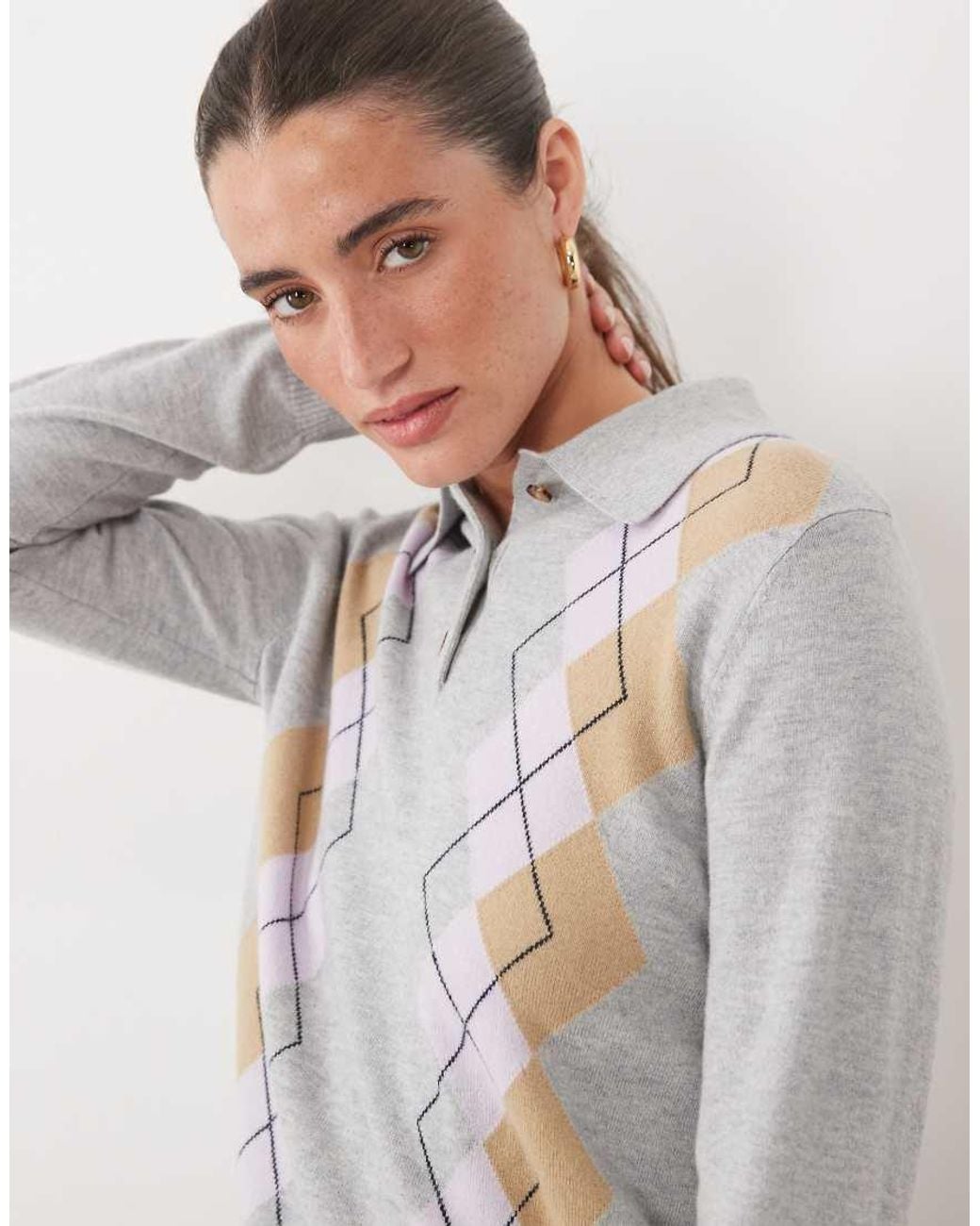 Barbour White Fawne Argyle Knitted Polo Jumper