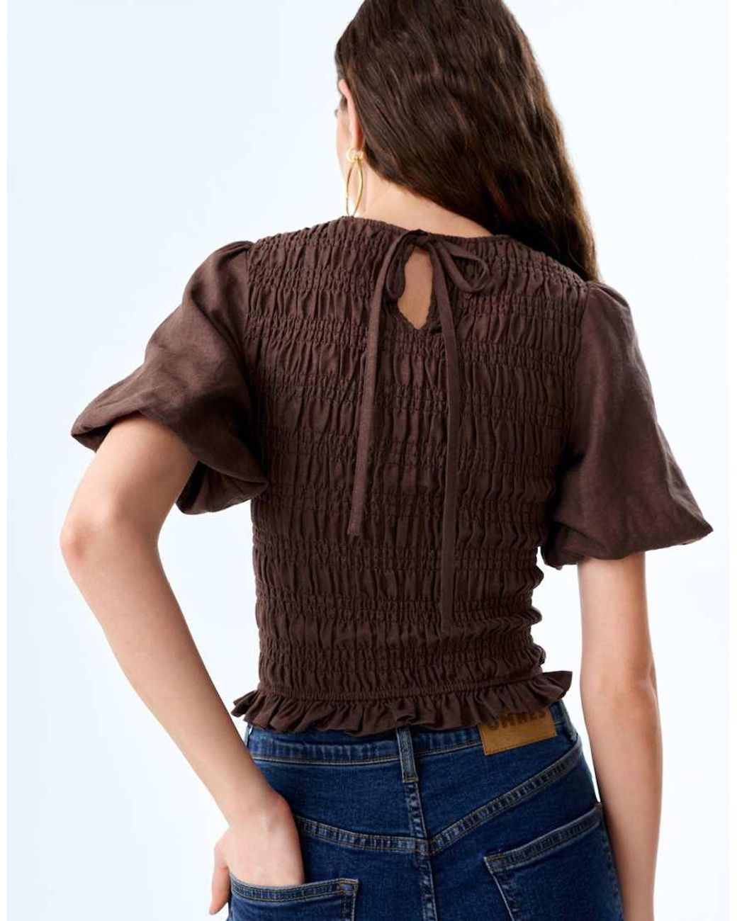OMNES Blue Tops Nicola Shirred Linen Short Sleeve Top