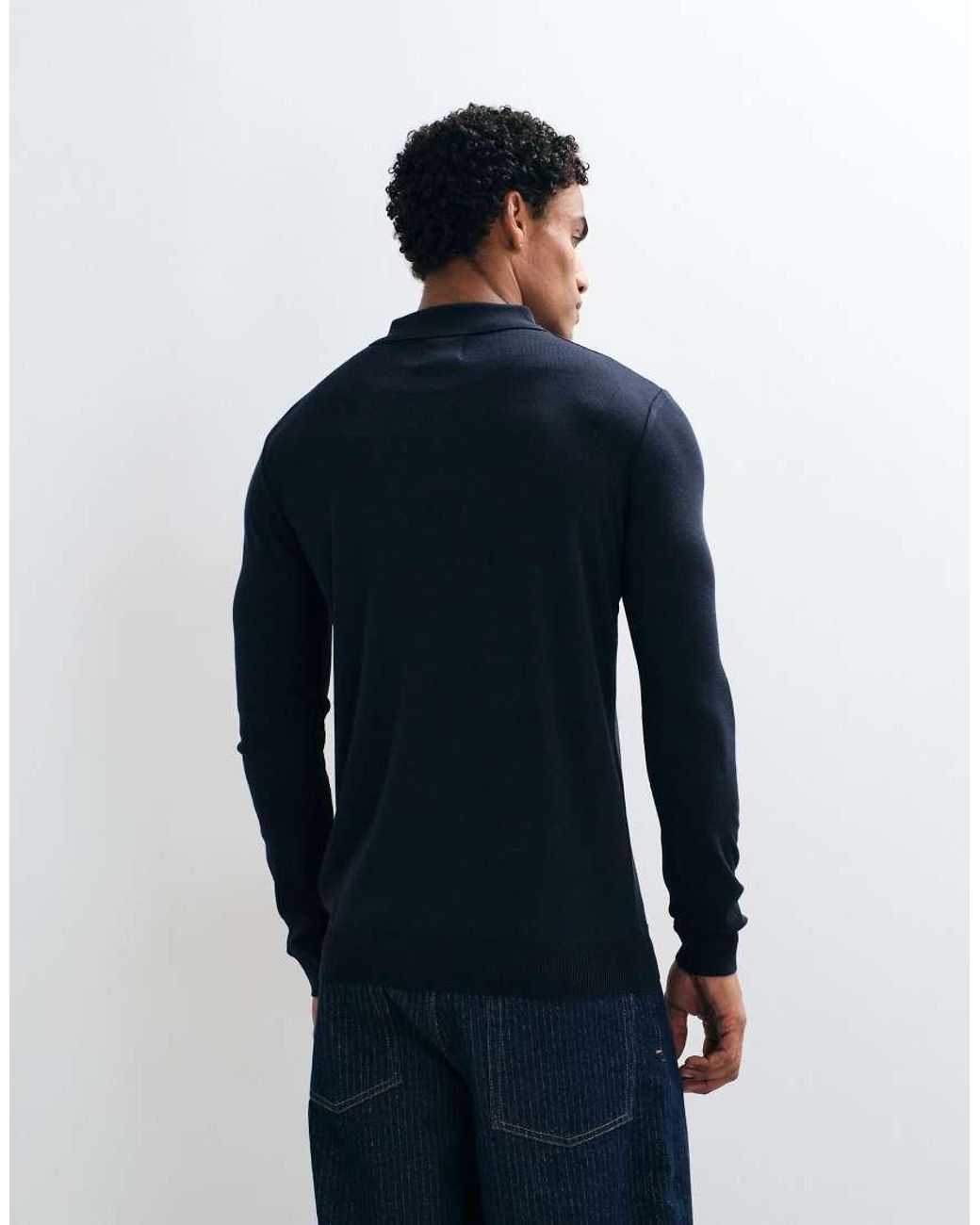 Brave Soul Blue Knitted 1/4 Zip Jumper With Polo Placket for men