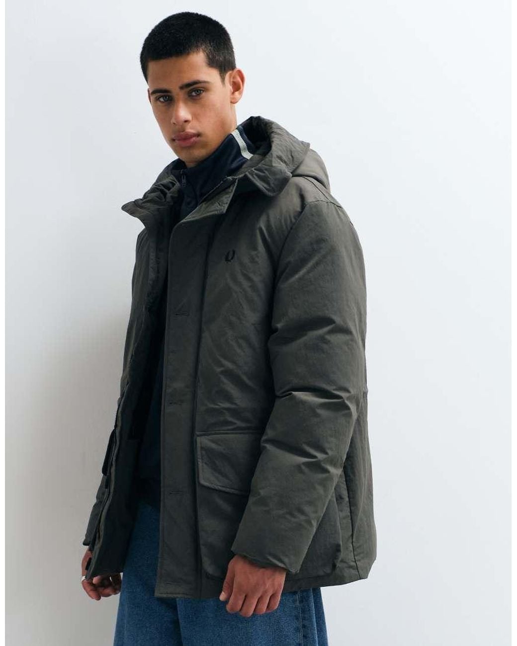 Fred Perry Gray Padded Patch Pocket Parka for men
