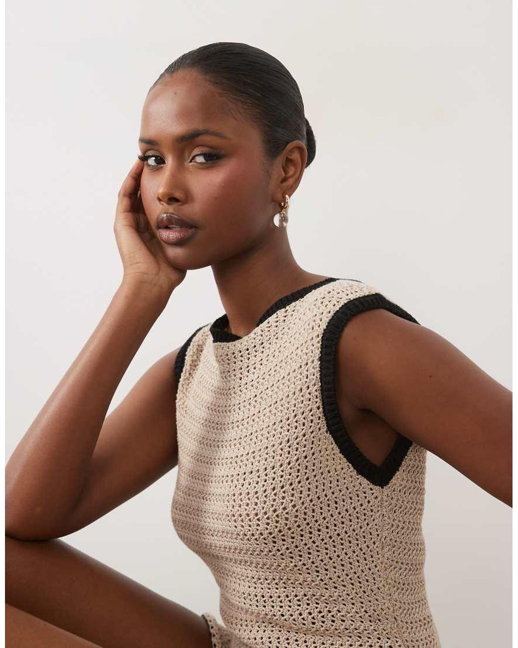 ASOS Natural Knitted Cinched Crochet Asymmetric Top Co Ord