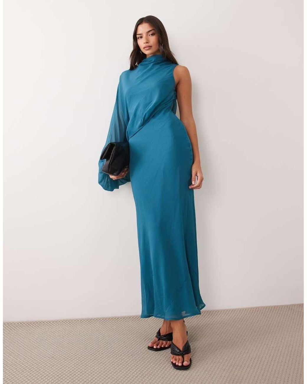 ASOS Blue One Sleeve Blouson Overlay Bias Cut Maxi Dress