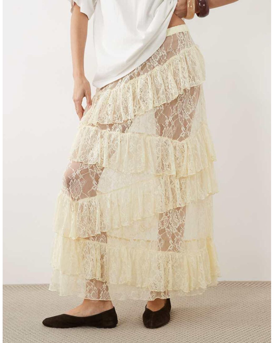 Miss Selfridge Natural Tiered Lace Maxi Skirt