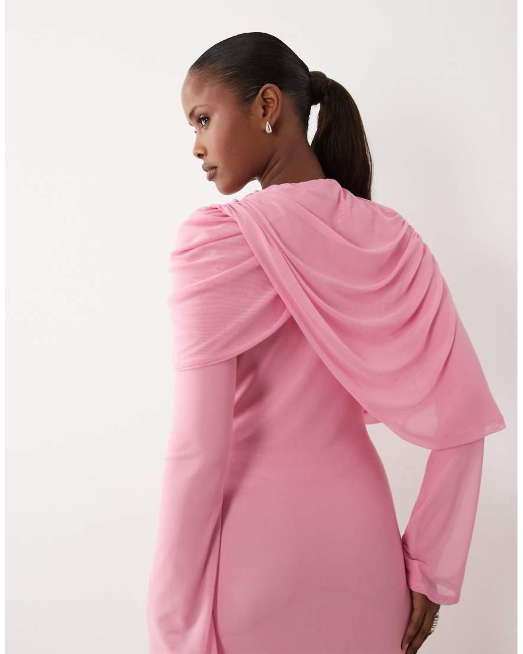 ASOS Pink Modesty Mesh Maxi Dress With Overlay Draped Neckline Detail