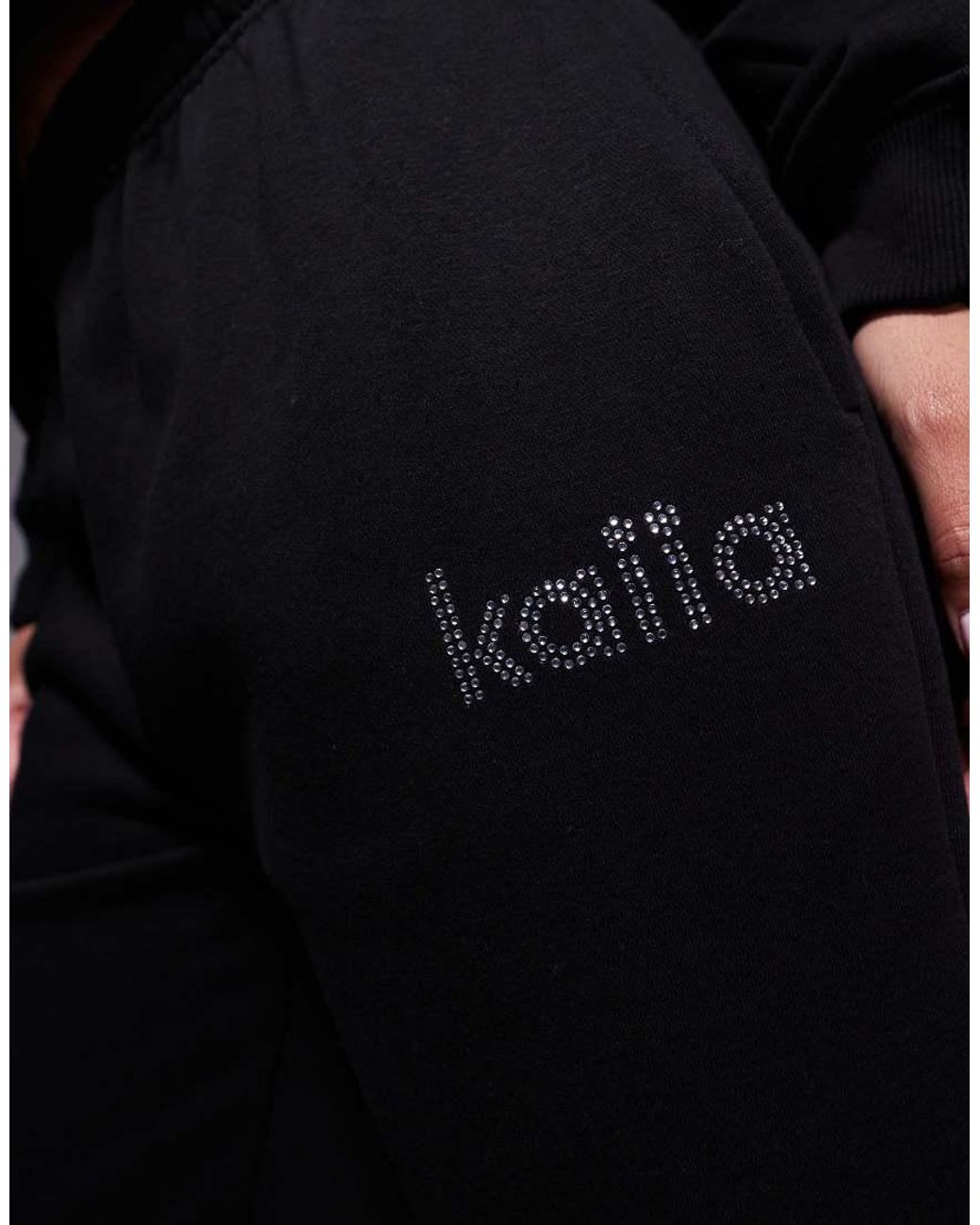 Kaiia Black Exclusive Cotton Rich Diamante Logo Wide Leg joggers Co-ord