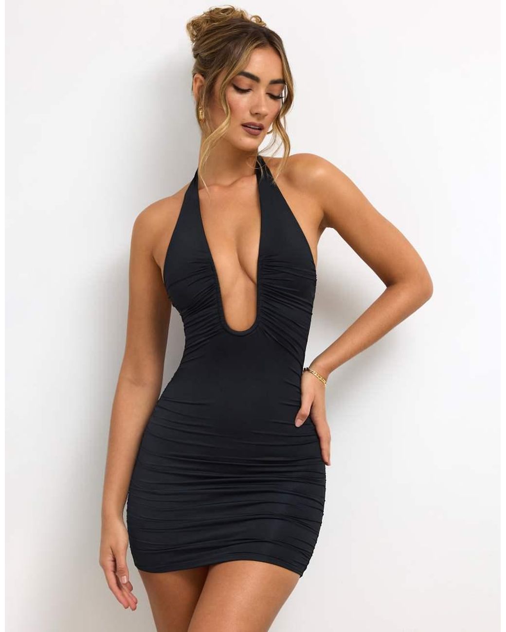 Oh Polly Blue Plunge Halter Neck Ruched Detail Mini Dress