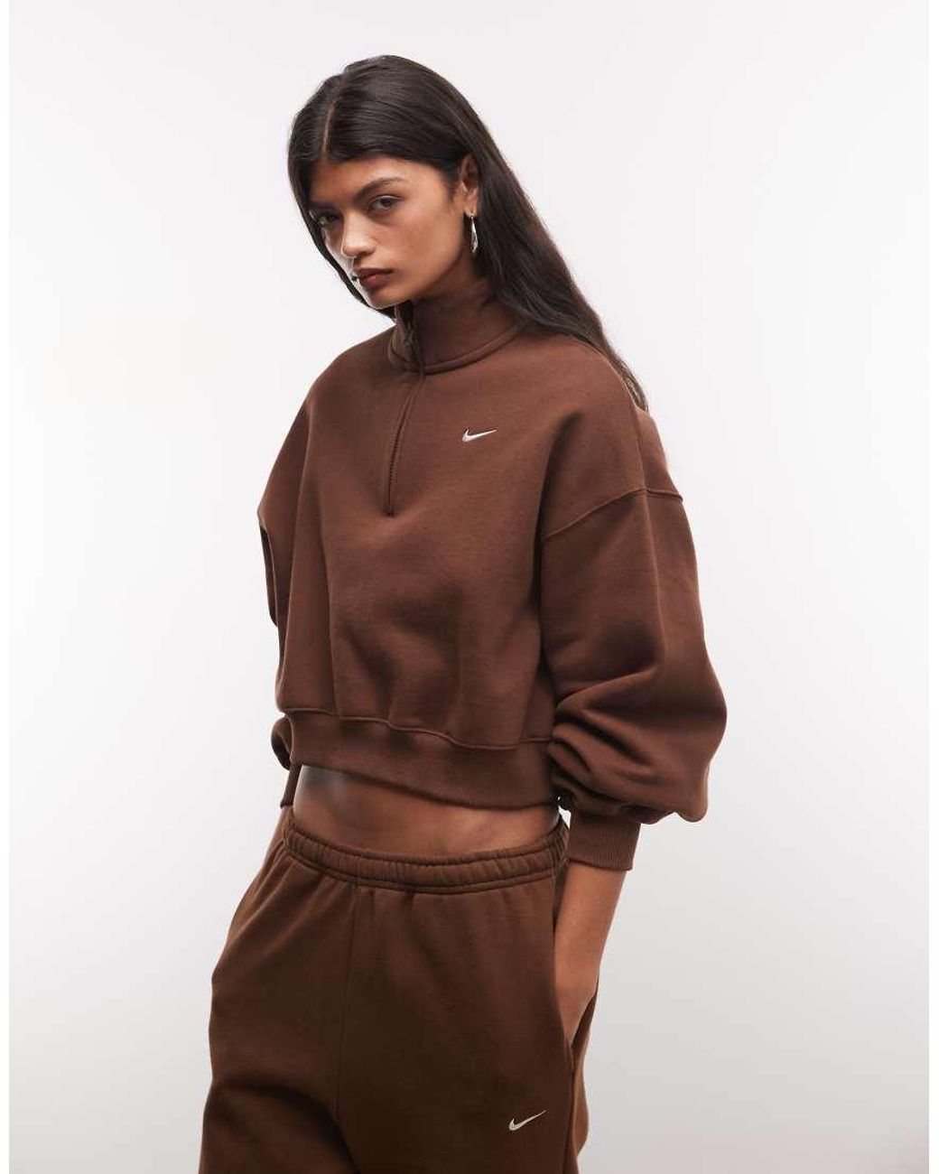 Nike Brown Studio Fleece Mid-Weight Oversized Cropped Quarter Zip Sweat