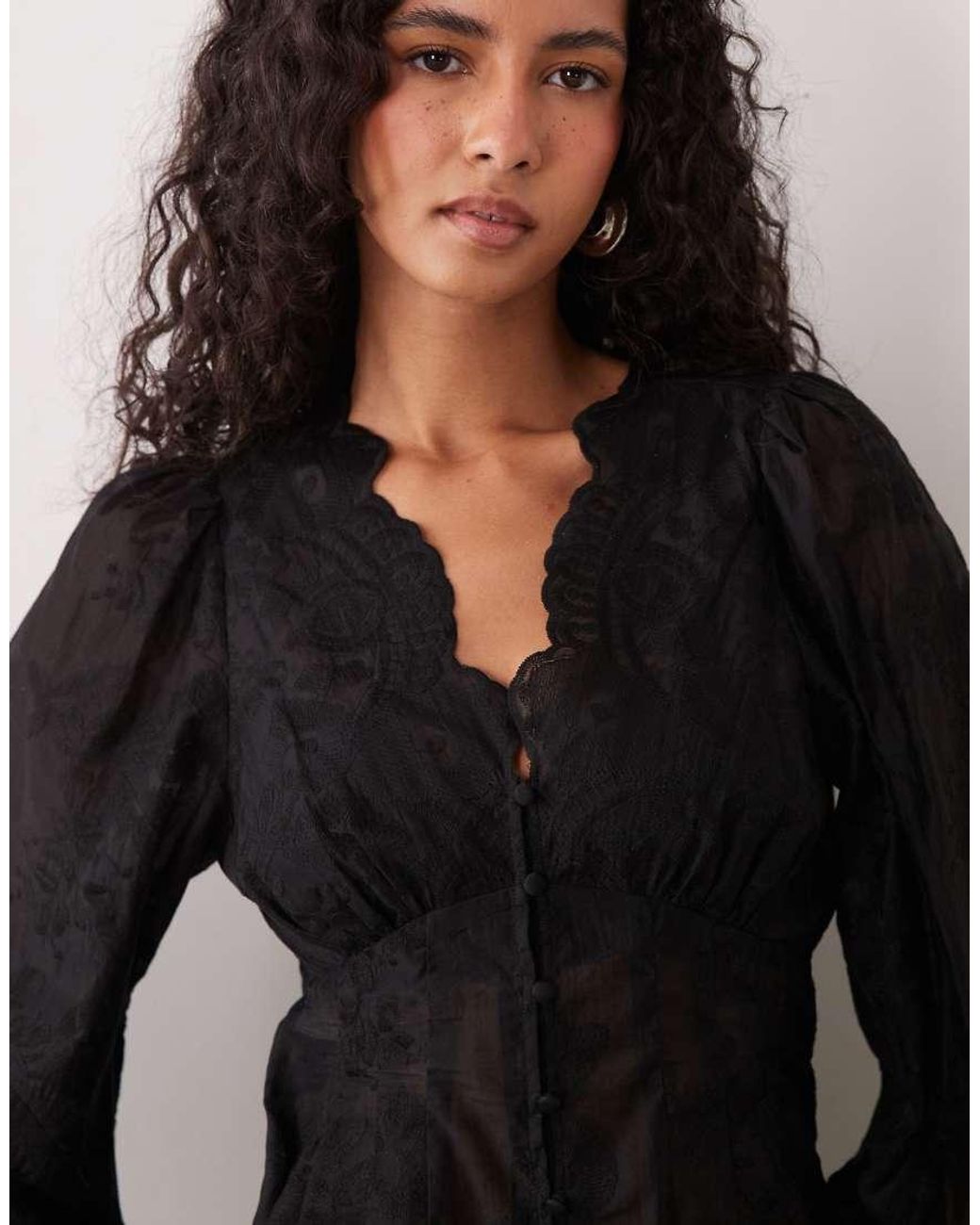 Gina Tricot Black V Neck Embroidered Blouse With Balloon Sleeve