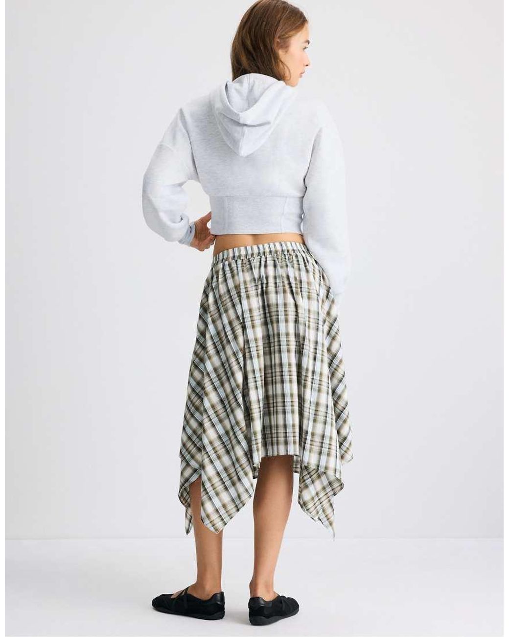 Stradivarius White Printed Shirt-sleeve Detail Midi Skirt