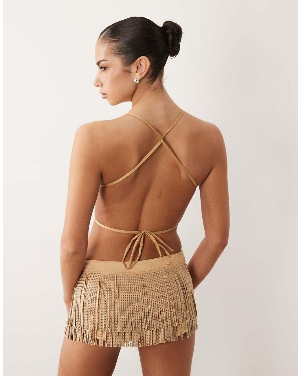 Oh Polly Natural Faux Suede Embellished Fringe Detail Low Rise Mini Shorts