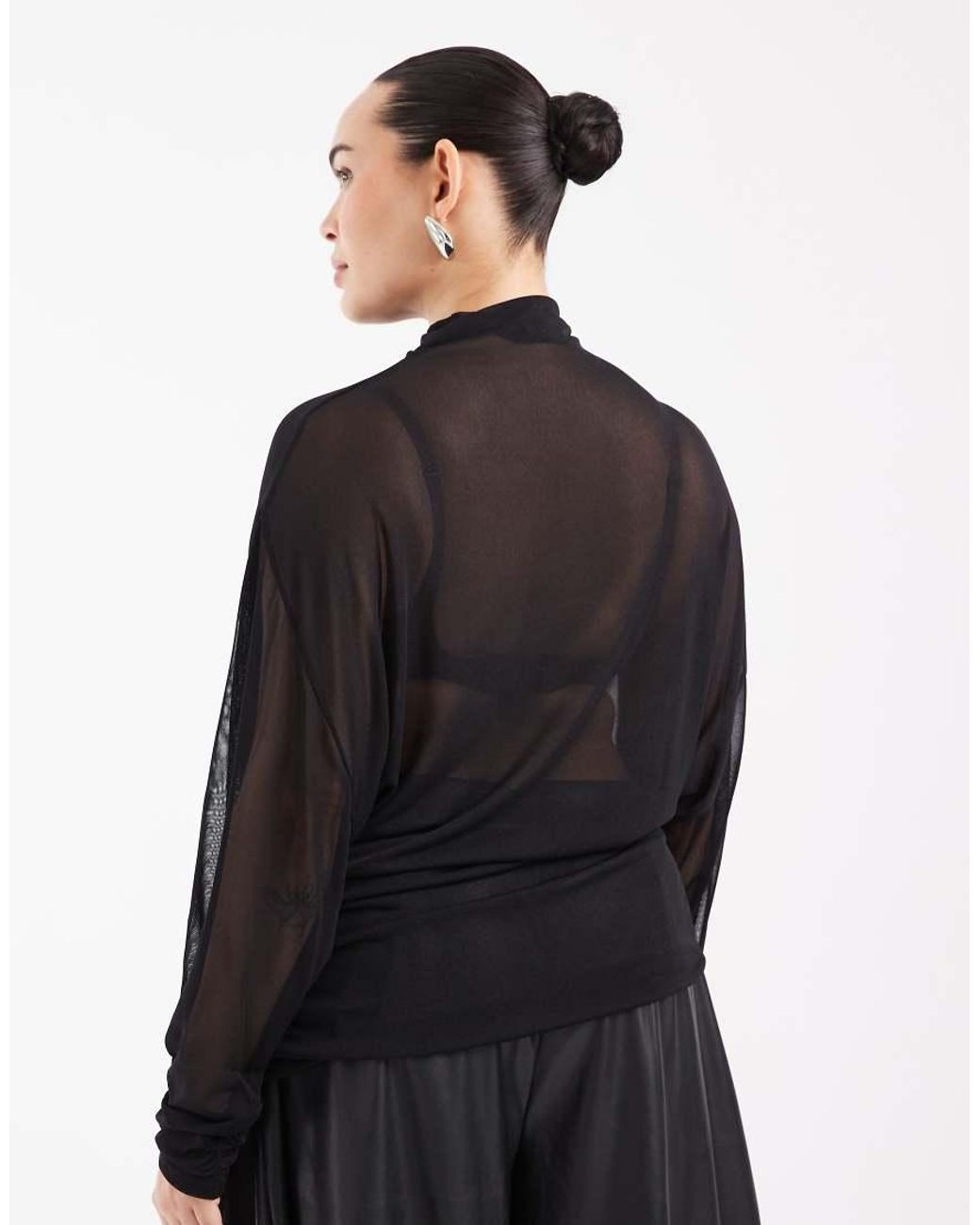 ASOS Black Asos Design Curve Sheer Batwing High Neck Ruched Sleeve Top