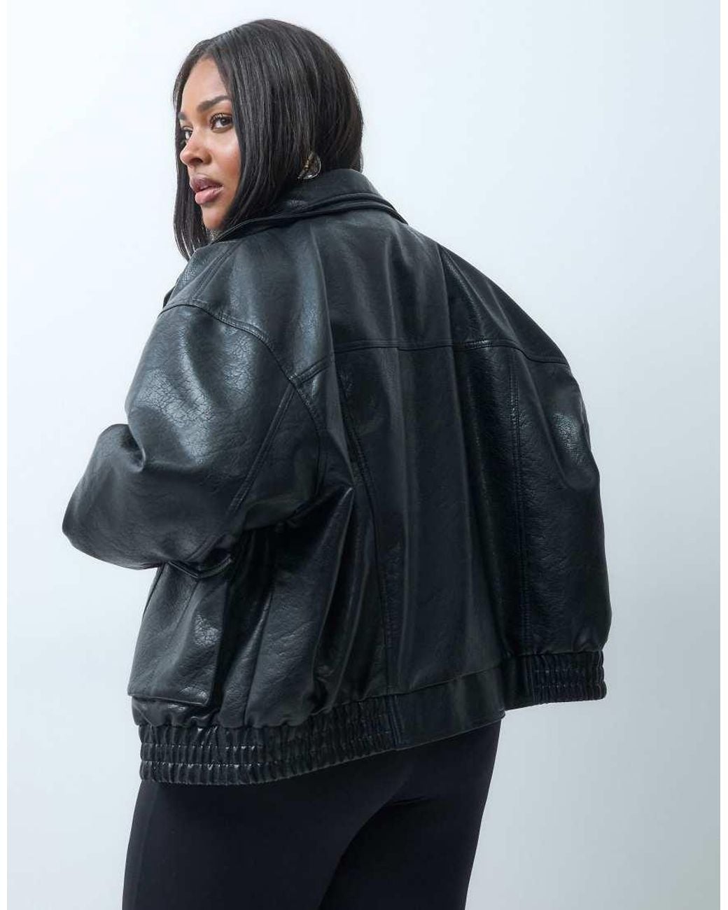 ASOS Blue Asos Design Curve Funnel Oversized Leather Look Bomber