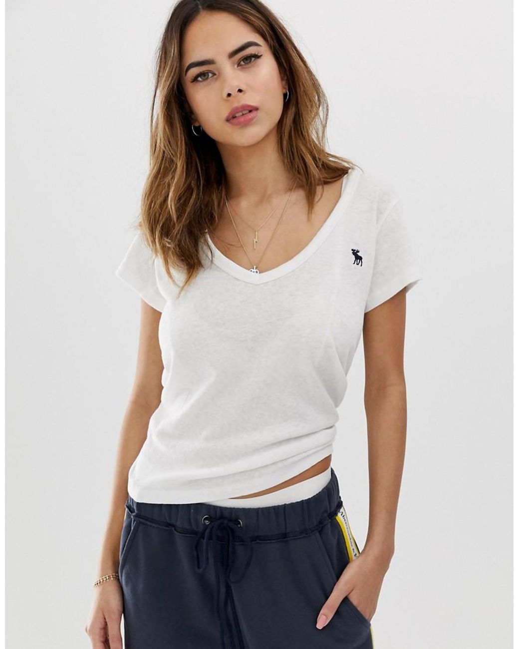Abercrombie & Fitch Deep V Neck T-shirt in White | Lyst
