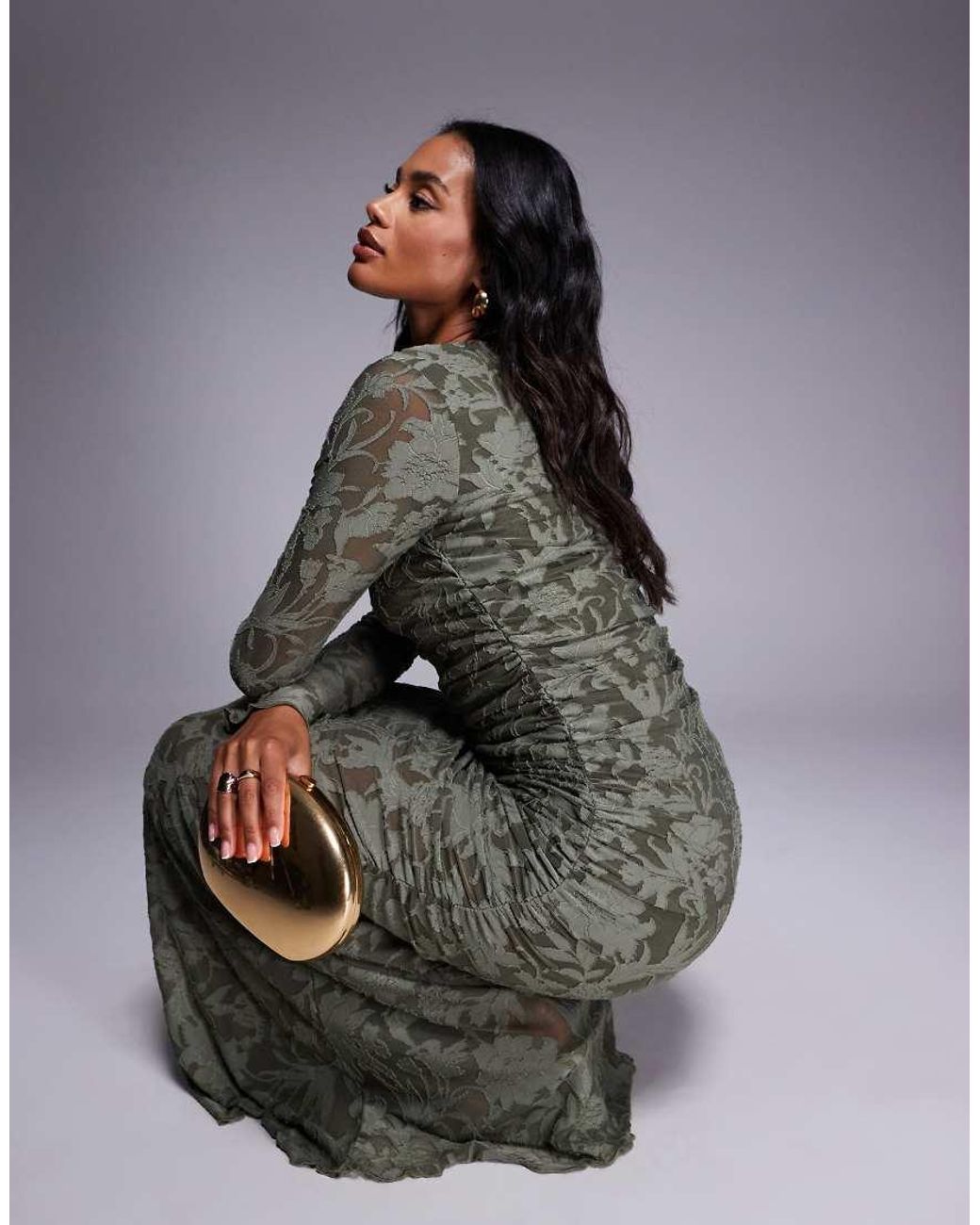 ASOS Gray Devore Long Sleeve Ruched Maxi Dress