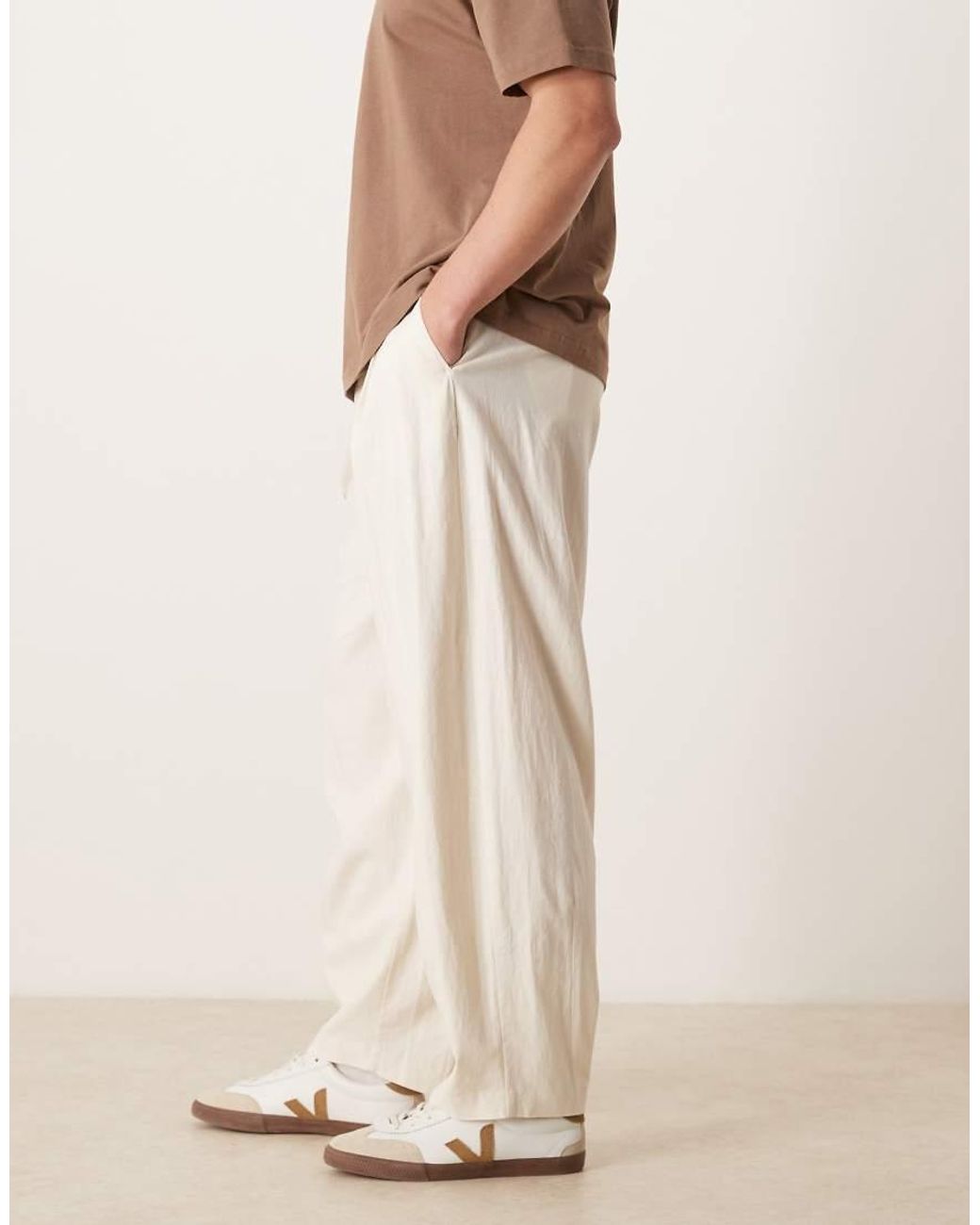 ASOS Natural Smart Pleated Linen Blend Barrel Trousers for men