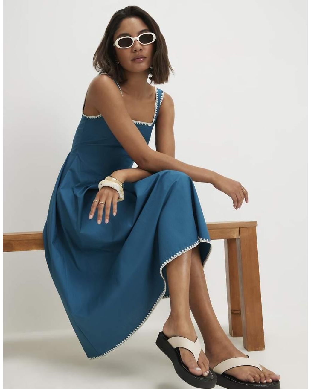 River Island Blue Cotton Whipstitch Pleated Midi Dress