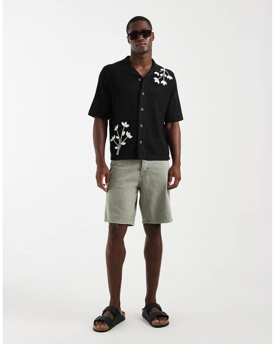 Only & Sons Black Embroidery Detail Open Knit Shirt for men