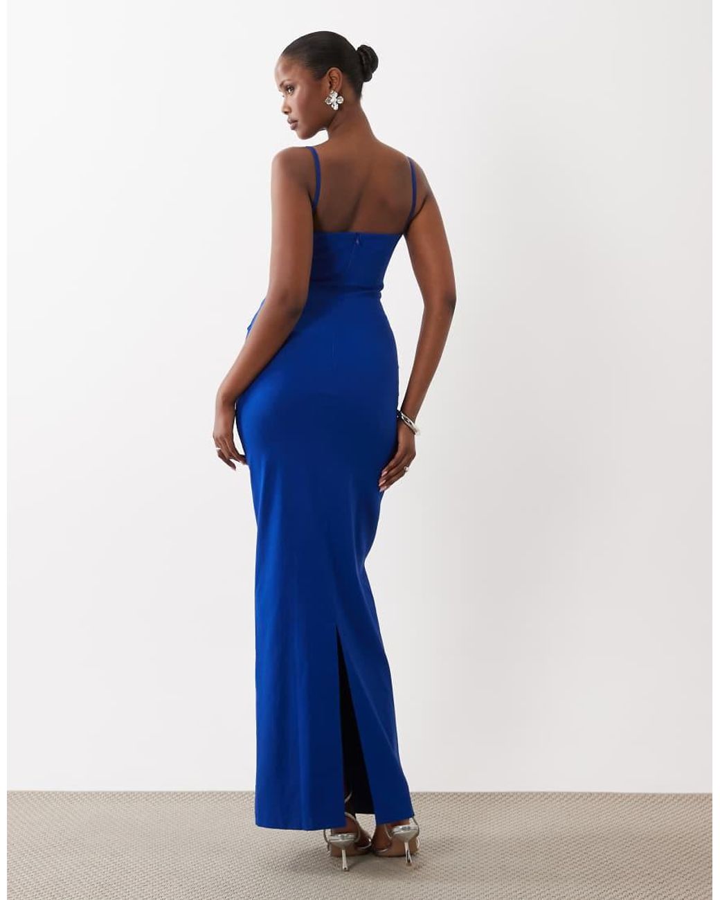 Vesper Blue Bengaline Ruched Strappy Cami Maxi Dress