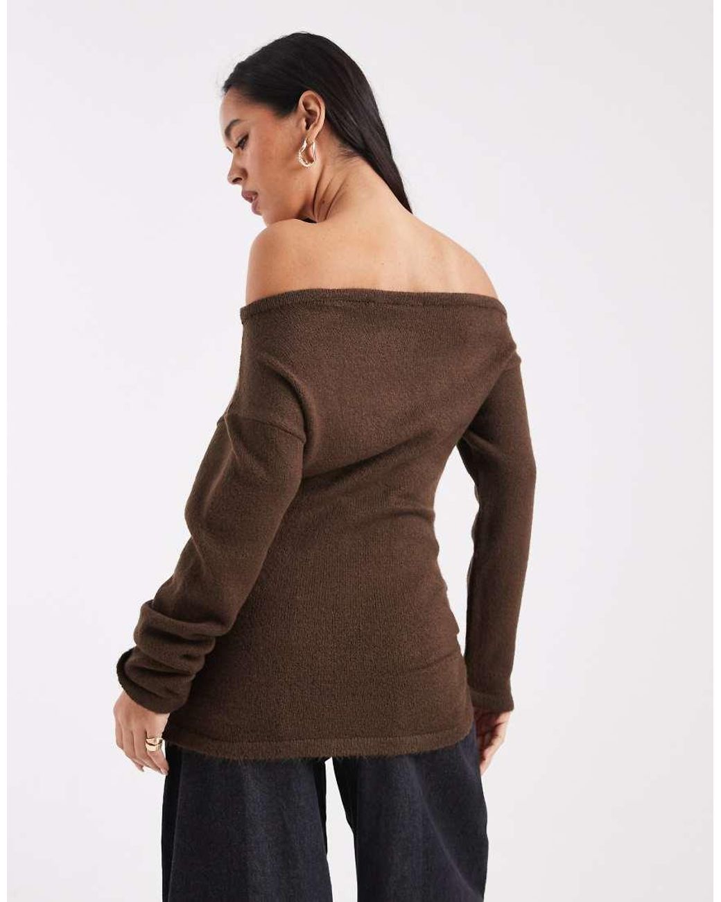 ASOS Brown Knitted One Shoulder Ruched Jumper