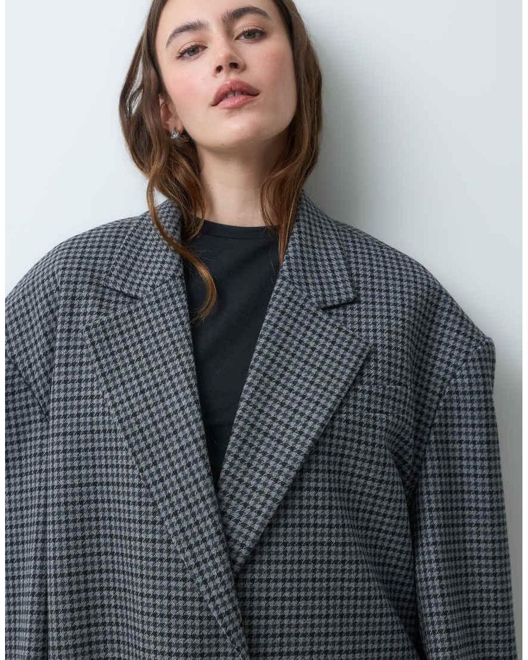 & Other Stories Gray Wool Blend Houndstooth Cropped Blazer